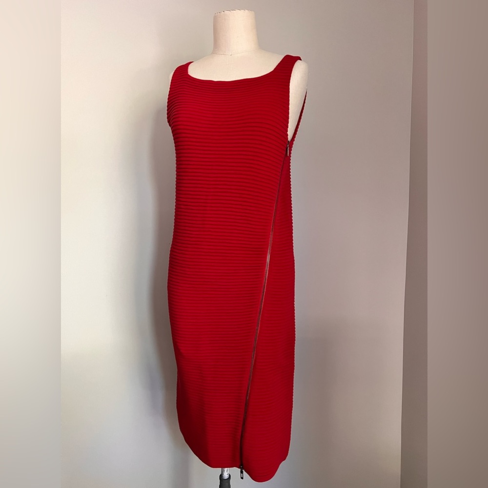 TSE red knit tank sheath dress cashmere blend asymmetrical zipper